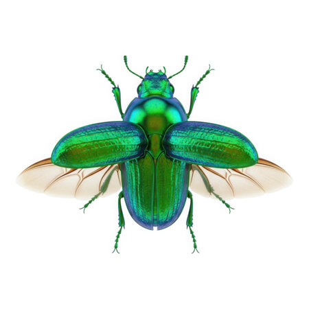 A stunning close-up of a jewel beetle with its wings spread, revealing iridescent colors. The intricate details of the insect are captured in this vibrant image.の素材