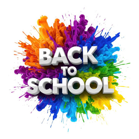 A dynamic image of back to school text with a colorful paint explosion, perfect for capturing the excitement and energy of the new academic year. Isolated on white.の素材