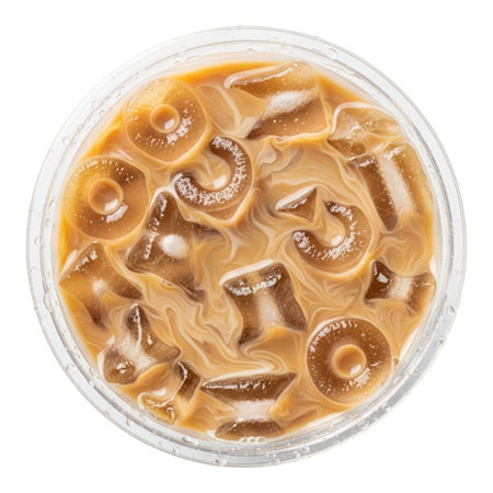 A refreshing iced coffee with ice cubes in a clear plastic cup, viewed from above, showcasing the swirling mixture of coffee and milk for a cool treat.の素材