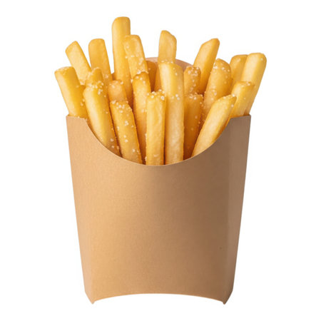 This image showcases french fries in a paper container, symbolizing fast food and the temptation of unhealthy eating habits. It represents a popular snack.の素材
