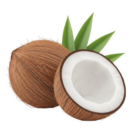 A pair of coconuts, one whole and one halved, showcase the tropical delight. The brown husk, white flesh, and green leaves create a refreshing image of island paradise.の素材