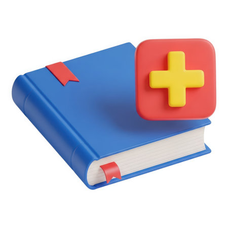 A 3D rendered image of a blue book with a red bookmark and a first aid symbol, representing access to health information and medical knowledge resources.の素材
