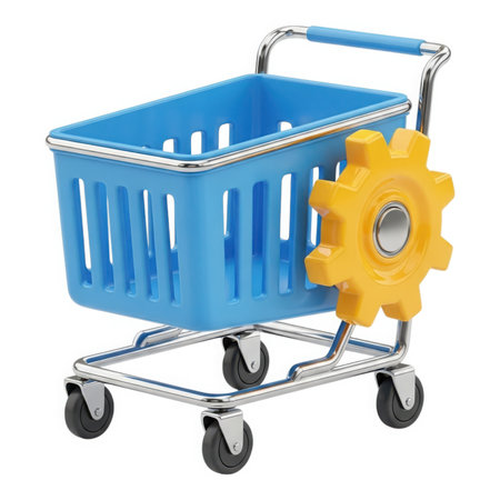 A vibrant blue shopping cart with a bright yellow gear attached to its side, isolated on a white background. This image represents the concept of online shopping.の素材