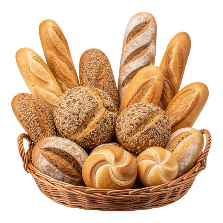 A delightful basket brimming with various types of bread, showcasing the artistry of baking and the simple pleasure of enjoying a warm, crusty loaf. Perfect for sharing.の素材