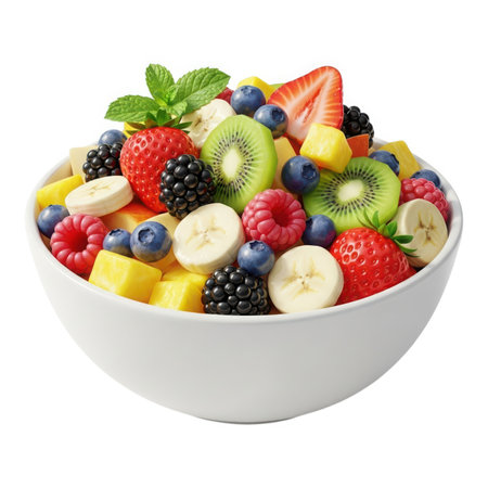 A vibrant bowl of fruit salad, featuring strawberries, kiwi, bananas, blueberries, raspberries, blackberries, and mango, topped with mint. Isolated on white background.の素材