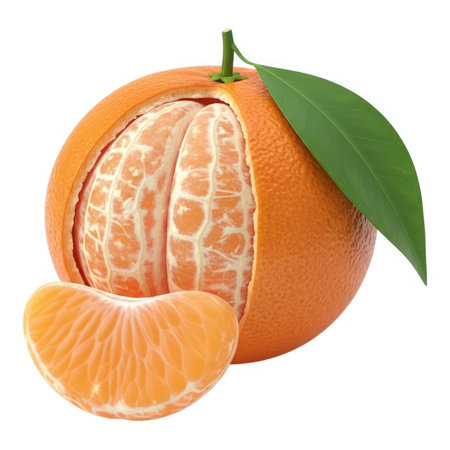 A close-up shot of an orange fruit with a slice taken out, showcasing the juicy segments. A green leaf adds a touch of freshness to this vibrant and healthy image.の素材