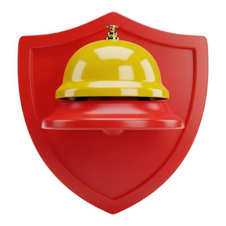 A golden reception bell sits atop a red shield, creating a striking visual metaphor for security, protection, and the assurance of prompt and reliable service.の素材
