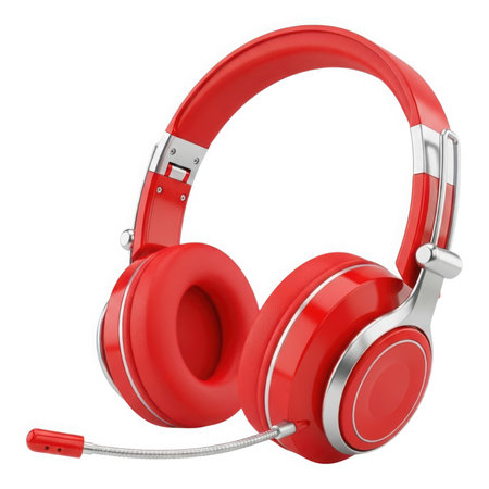 A sleek red wireless headset with a microphone, isolated on a white background, offers a superior audio experience for gaming, communication, and immersive listening.の素材