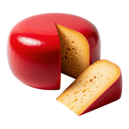 A vibrant wheel of red Leerdammer cheese, expertly cut to reveal its inner texture and color, offers a tempting glimpse into the world of gourmet delights.の素材