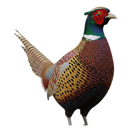 A vibrant ring-necked pheasant stands proudly, its colorful plumage a testament to nature's artistry. Captured in exquisite detail, it is a celebration of wildlife beauty.の素材