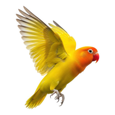 A stunning yellow lovebird in mid-flight, its feathers and wings beautifully displayed. This image captures the essence of avian beauty and natural grace.の素材