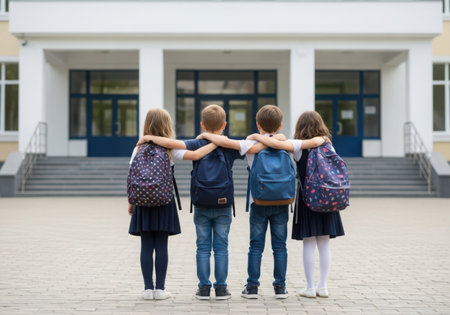 back view of school kids with backpacks standing in front of school buildingの素材