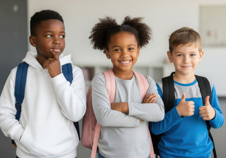 african american schoolchildren with backpacks and thumbs up at schoolの素材