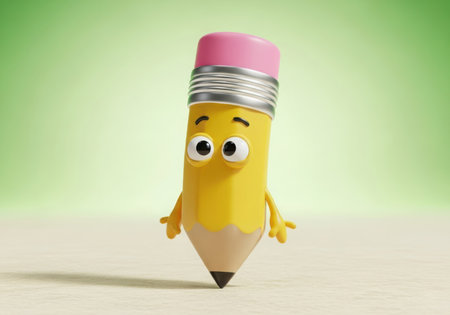 Pencil character with sad expression on face. 3D illustration.の素材