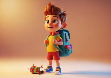 Little boy with backpack and rucksack. 3d illustration.の素材