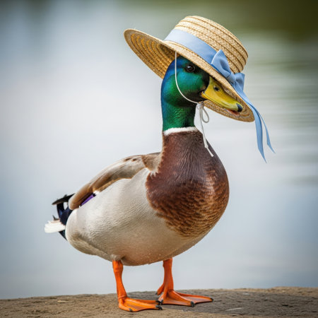 A charming mallard duck is captured wearing a stylish straw hat adorned with a blue ribbon. This endearing animal portrait showcases its natural beauty and playful personality in an outdoor setting.の素材