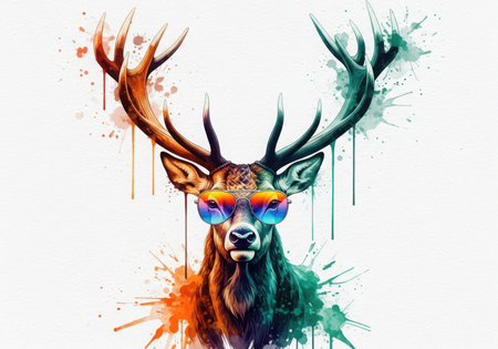 Watercolor portrait of a deer with big antlers and sunglasses.の素材