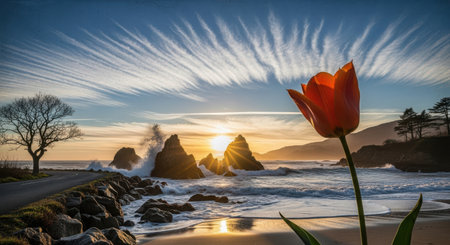 Tulip at sunrise on the beach, San Francisco, California, USAの素材