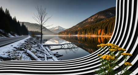 Fantastic winter landscape with lake and forest in the mountains.の素材