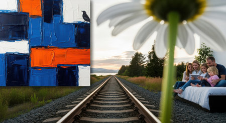 Composite image of family sitting on railroad tracks in front of painted Norway flagの素材
