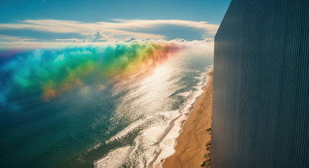 Panoramic aerial view of sandy beach and ocean with rainbow wave at sunsetの素材