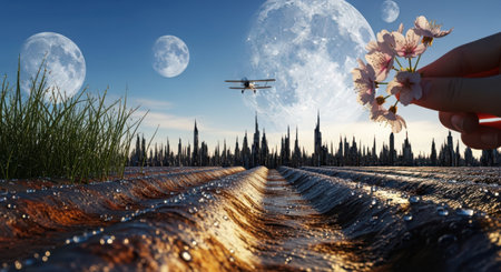 3d render of a woman hand holding a droplet of water on a dirt road and a drone in the backgroundの素材