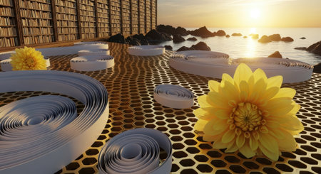 3D render of a lotus flower and books on the beachの素材