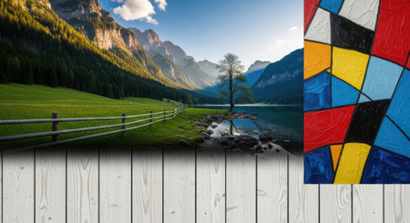Colorful stained glass window on the lake in the Dolomitesの素材