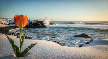 Tulip in the snow with waves crashing on the shore.の素材