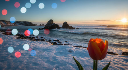 Tulip and bokeh against seascape at sunsetの素材