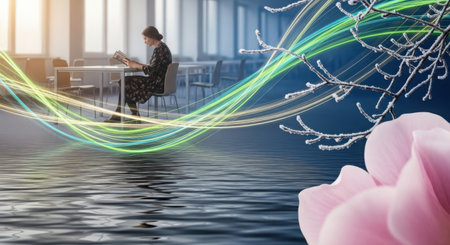 Businesswoman sitting on a chair with a tablet in her hands. 3d renderingの素材