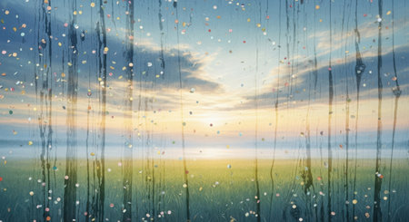 Raindrops falling on the meadow in the morning. Nature backgroundの素材