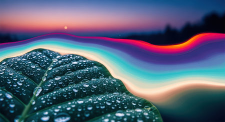 Water drop on green leaf with sunset background. Abstract nature background.の素材