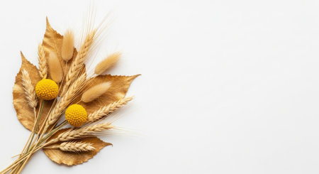 Ears of wheat and yellow flowers on a white background. Top viewの素材