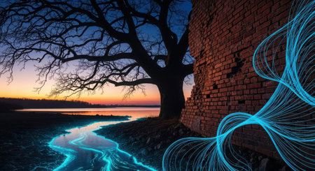 Conceptual image with glowing lines on the background of an old castleの素材