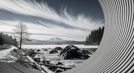 Mountain landscape with lake and forest. Black and white photo.の素材