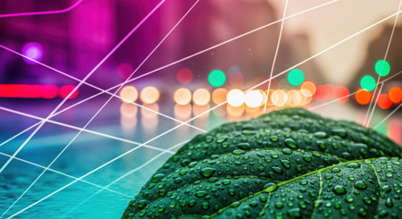 Green leaf with water drops and blurred city lights background. Ecology concept.の素材