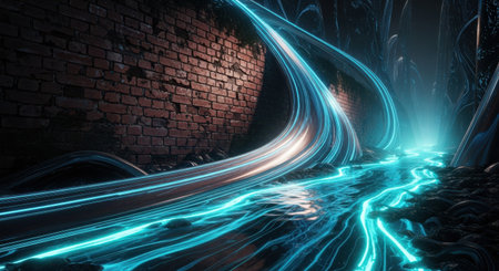 3D illustration of abstract background with neon lights, tunnel and brick wallの素材