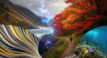 Conceptual image of autumn landscape with a man and a bookの素材