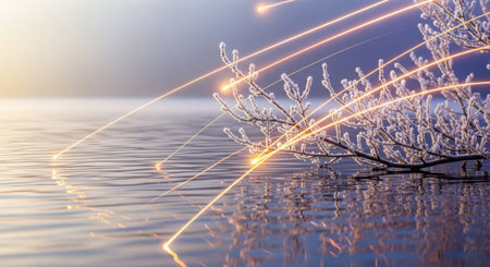 Frosty grass on the lake at sunrise. Nature background.の素材