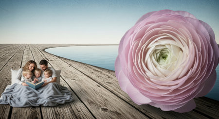 Happy family reading book on wooden deck against large pink ranunculusの素材