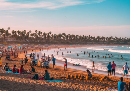 Crowds of people on the beach at sunsetの素材