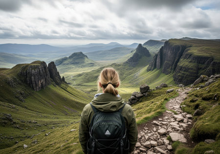 Woman looking at the beautiful landscape of Cumbria, England.の素材