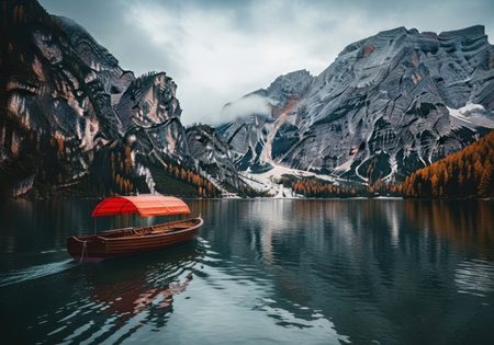 Lake braies in Dolomites mountains, Italy. Panoramic viewの素材