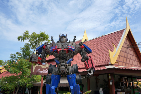 AYUTTAYA,THAILAND - JUNE 13, 2015 : The Replica of Optimus Prime robot made from iron part of a Car...