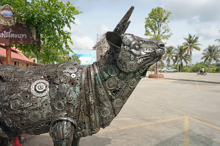 AYUTTAYA,THAILAND - AUGUST 15, 2015 :The mechanical buffalo made from scrap metal display at Thung Bua Chom floating marketのeditorial素材