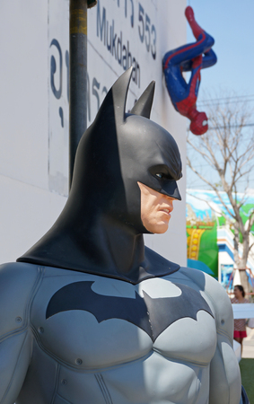 AYUTTAYA,THAILAND - MAY 30, 2015: Batman model display outdoor and Spider-Man model upside down on billboards at Thung Bua Chom floating marketのeditorial素材