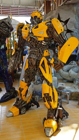 CHACOENGSAO,THAILAND - FEBRUARY 02, 2019: The Replica of Bumblebee robot made from iron part of a Car is shown in the Wat Samanrattanaram temple areaのeditorial素材