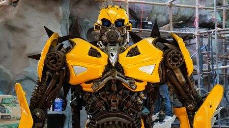 CHACHOENGSAO, THAILAND - FEBRUARY 02, 2019: The Replica of Bumblebee robot made from iron part of a Car is shown in the Wat Saman Rattanaram temple areaのeditorial素材