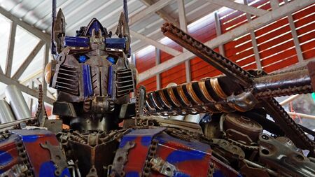 CHACHOENGSAO, THAILAND - FEBRUARY 02, 2019: The Replica of Optimus Prime robot made from iron part of a Car is shown in the Wat Saman Rattanaram temple areaのeditorial素材